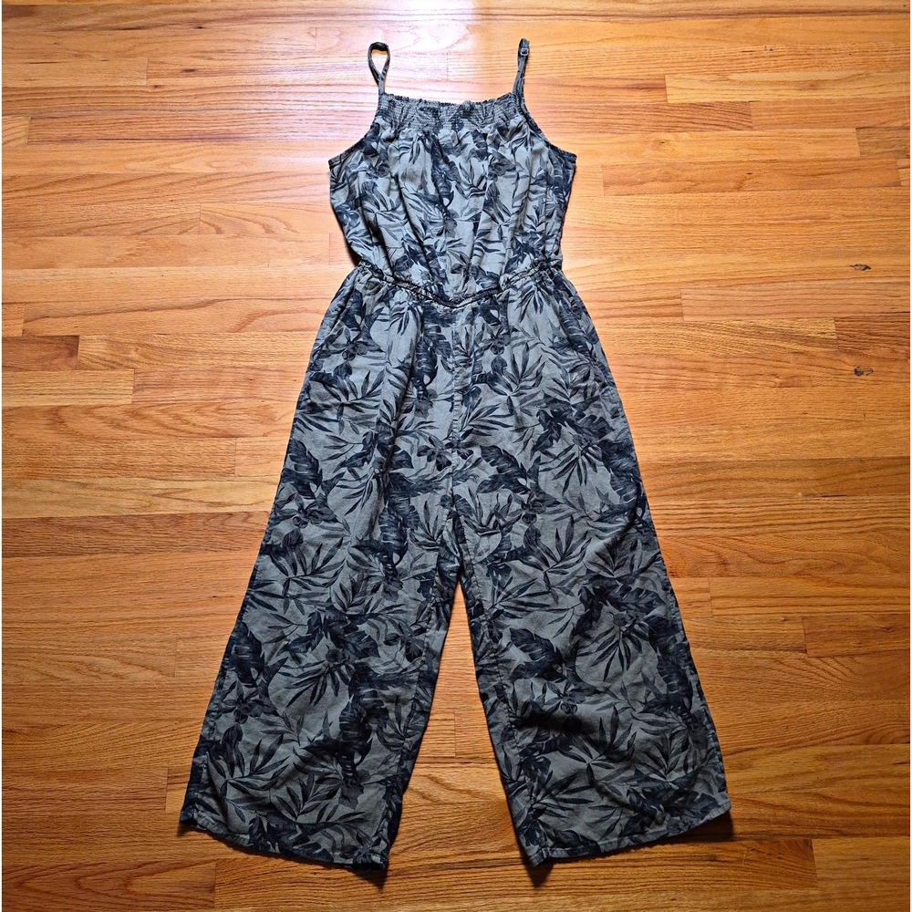 Old Navy Womens Large Green Tropical Leaf Smocked Linen Blend Wide Leg Jumpsuit